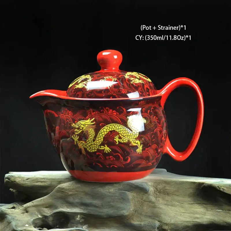 Handmade decorbites ceramic kung fu teapot in vibrant red with glossy finish and intricate golden dragon design