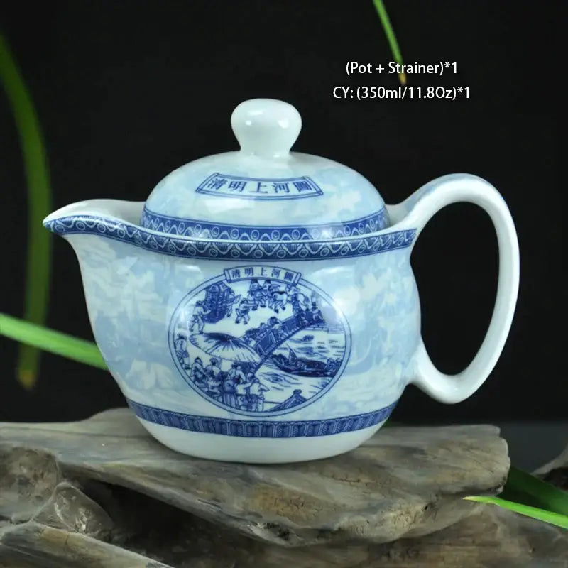 White ceramic kung fu teapot with blue underglaze painting featuring traditional chinese scene by decorbites ceramic kung