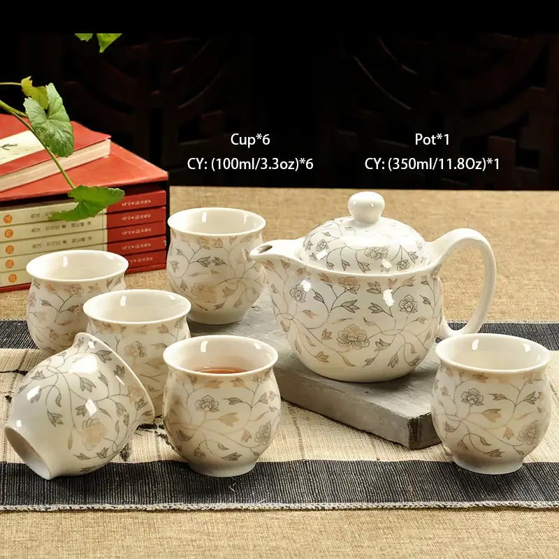 Handmade decorbites ceramic kung fu teapot in white with beige and gray floral patterns for elegant dining room decor