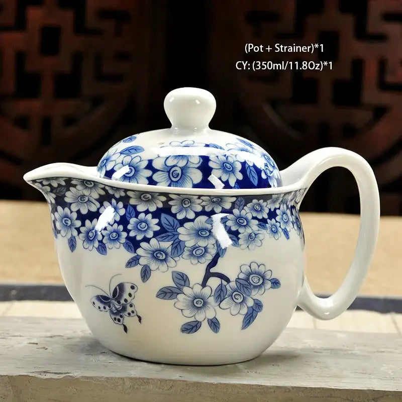 Handmade decorbites ceramic kung fu teapot white with blue floral and butterfly design for dragon tea serving
