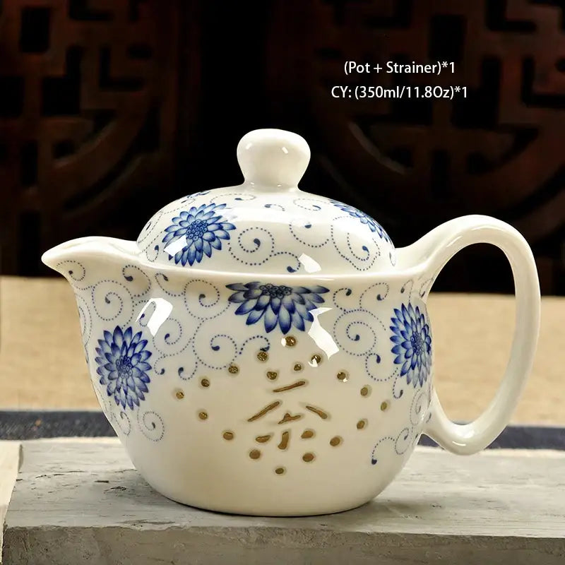 Handmade white ceramic decorbites ceramic kung fu teapot with blue floral patterns gold dots and chinese characters