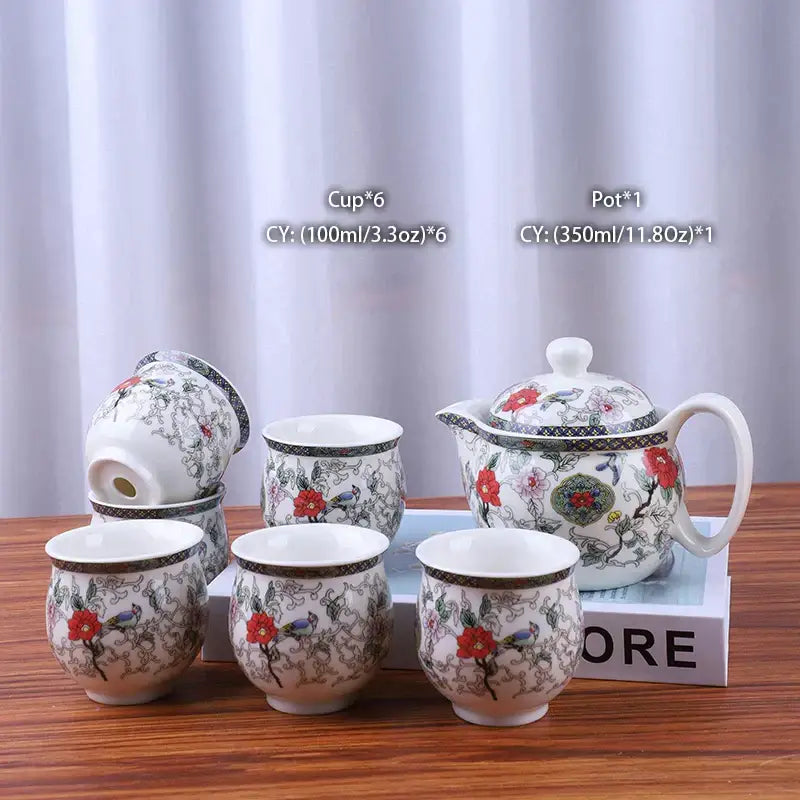 White porcelain decorbites ceramic kung fu teapot with intricate red green and black floral and bird designs for dining room decor