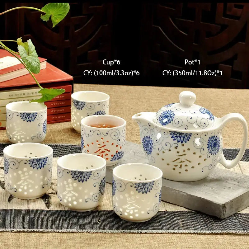 Handmade white ceramic kung fu teapot with blue floral patterns, gold accents, and decorative perforations by decorbites ceramic kung