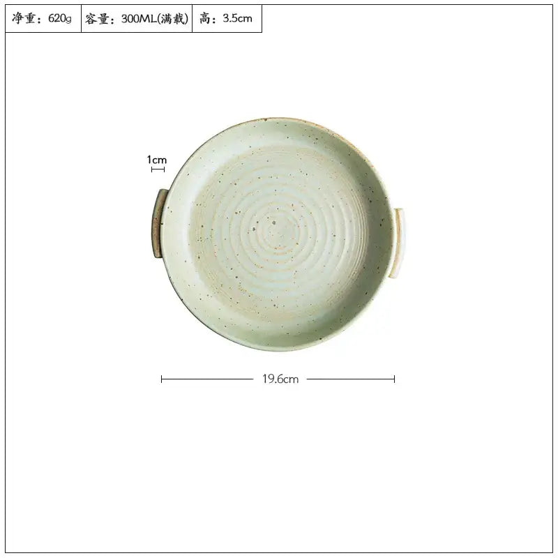A light green speckled handmade ceramic sushi plate bowl with two handles measuring 19.6cm diameter and 300ml capacity