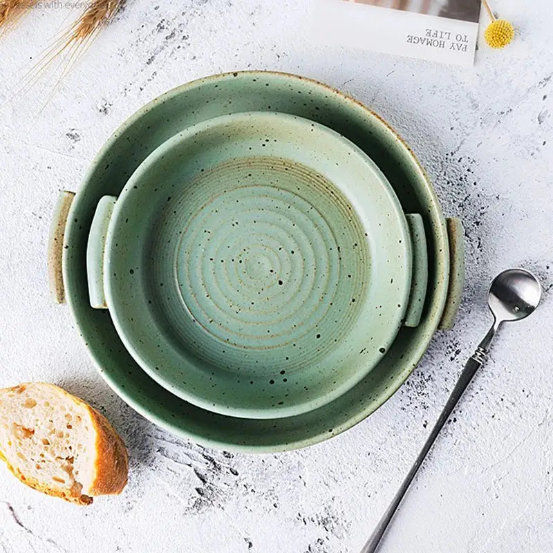 Set of two handmade ceramic sushi plates in sage green with speckled glaze and handcrafted handles for dining room