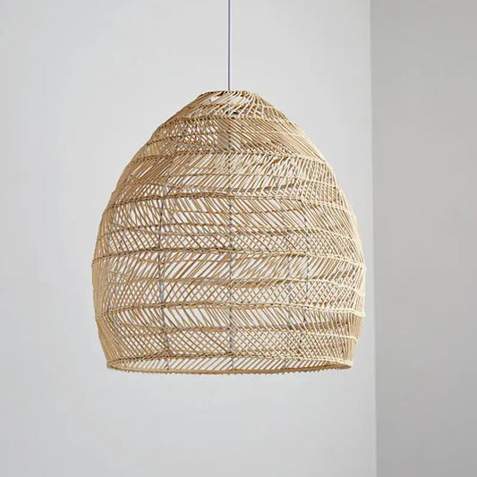 Handmade Chinese rattan pendant light with natural texture, warm beige tones, geometric pattern, ideal for bedroom with LED bulb