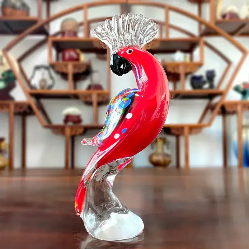 Handmade vibrant red glass sika deer figurine with clear feathered crest and colorful mosaic wings for living room decor