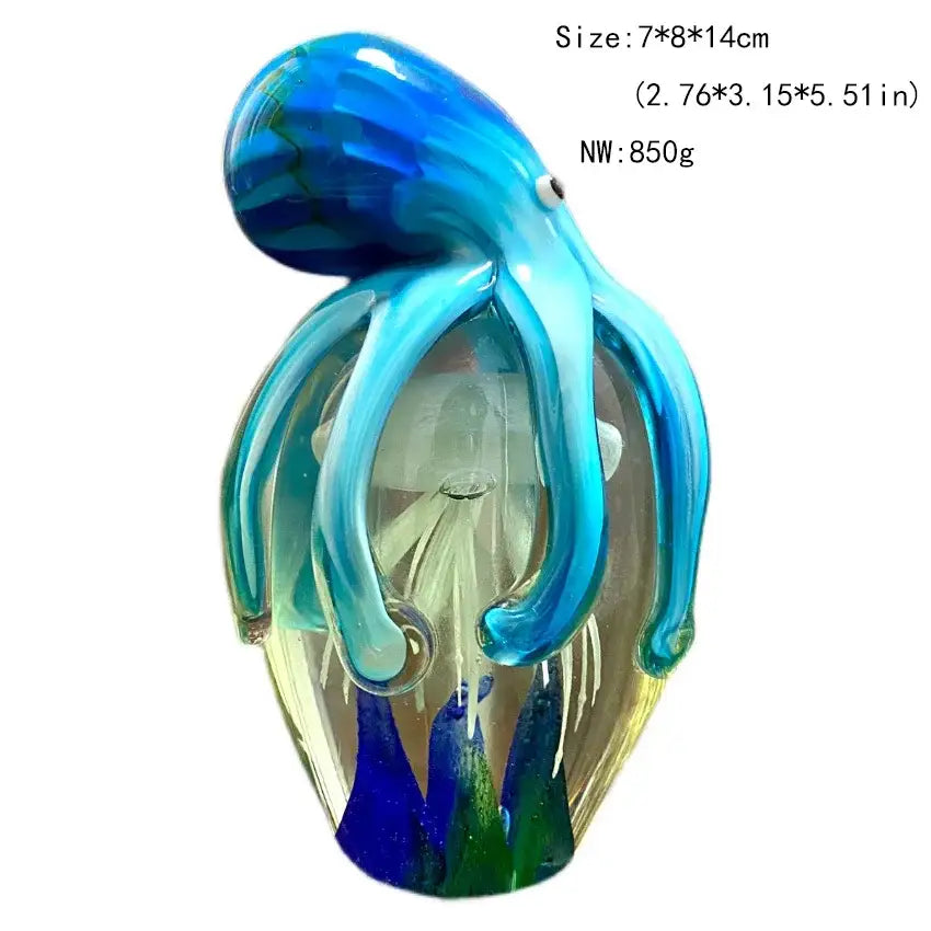 A vibrant blue glass octopus sculpture with translucent tentacles and glossy finish for living room decor