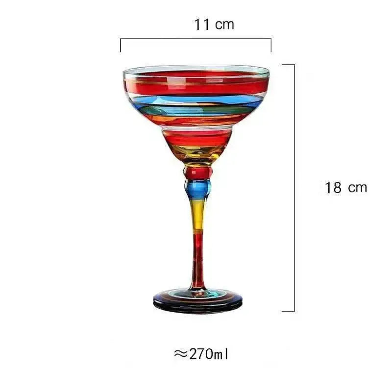 A decorbites handmade colorful margarita glass featuring red blue and yellow stripes ideal for dining room drinkware