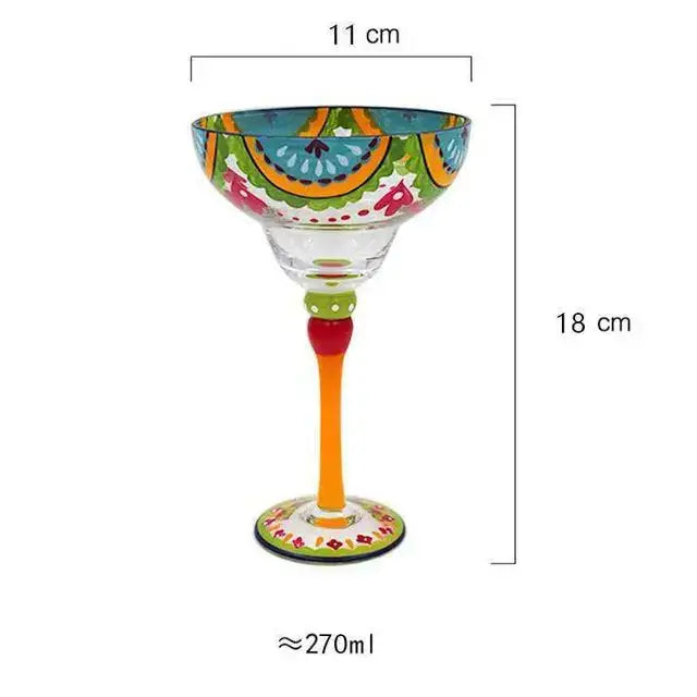 Handmade colorful margarita glass with vibrant turquoise orange and green floral pattern perfect for dining room decorbites handcrafted drinkware