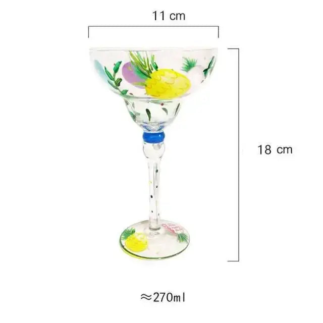 Hand-painted decorbites handmade colorful margarita glass with yellow pineapple and green leaf motifs and blue ring stem