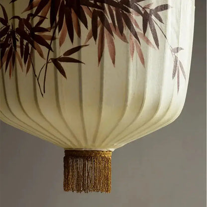 Handmade cream and peach decorbites bamboo lantern pendant with hand-painted bamboo leaves and golden tassel for dining room light