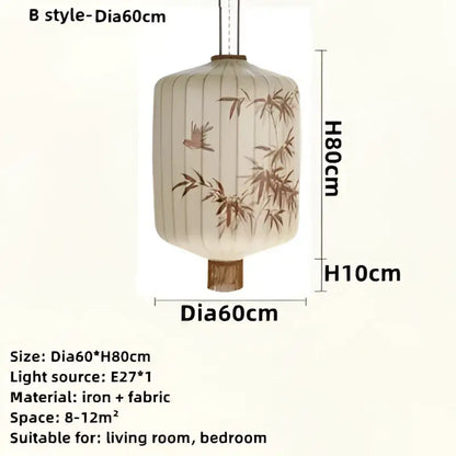 Handmade cream and peach decorbites bamboo lantern pendant made of iron and fabric with brown bamboo and bird patterns