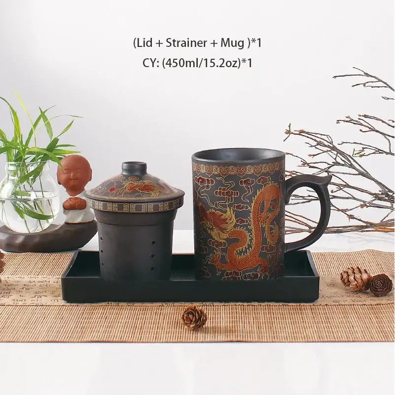 Black ceramic tea mug set with gold dragon design, matching lid and strainer, handmade purple clay decorbites dragon purple