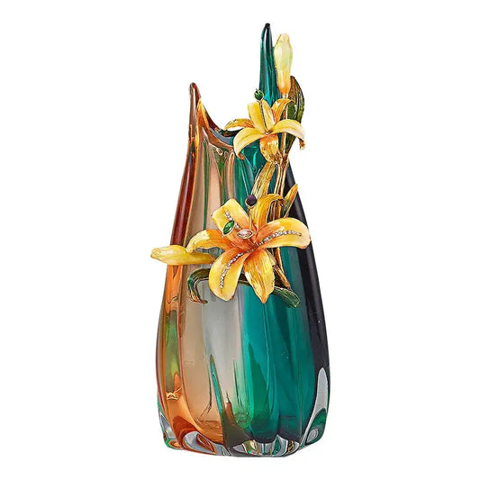 Handmade enamel vase in teal and amber with golden lilies and gemstones perfect for living room decorbites decor