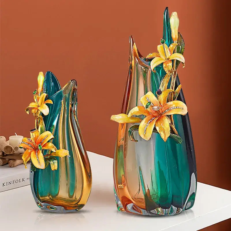 Two elegant decorbites handmade enamel vases in teal and amber with golden lilies for living room decor