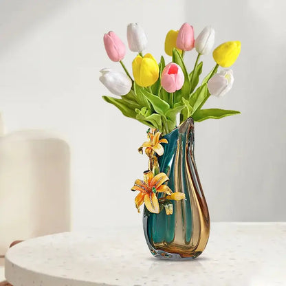 Handmade enamel vase in teal and amber with golden lilies decorbites handmade enamel holding tulips for living room decor