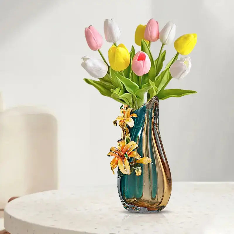 Handmade enamel vase in teal and amber with golden lilies decorbites handmade enamel holding tulips for living room decor