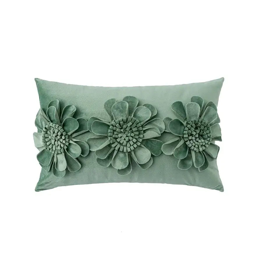 Handmade flower cushion cover in sage green velvet with three-dimensional floral decorbites handmade flower design
