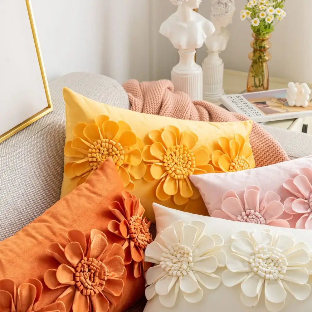 Handmade flower cushion cover set by decorbites featuring vibrant yellow orange pink and white floral pillows