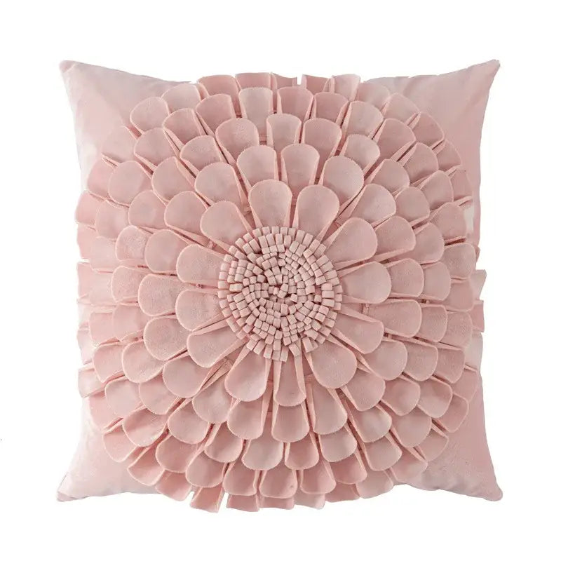 A soft pink velvet handmade flower cushion cover with three-dimensional floral design for living room decorbites decor