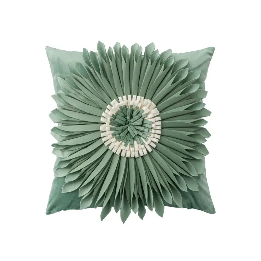 Handmade flower cushion cover in sage green velvet with 3d floral design and off-white center for living room decorbites