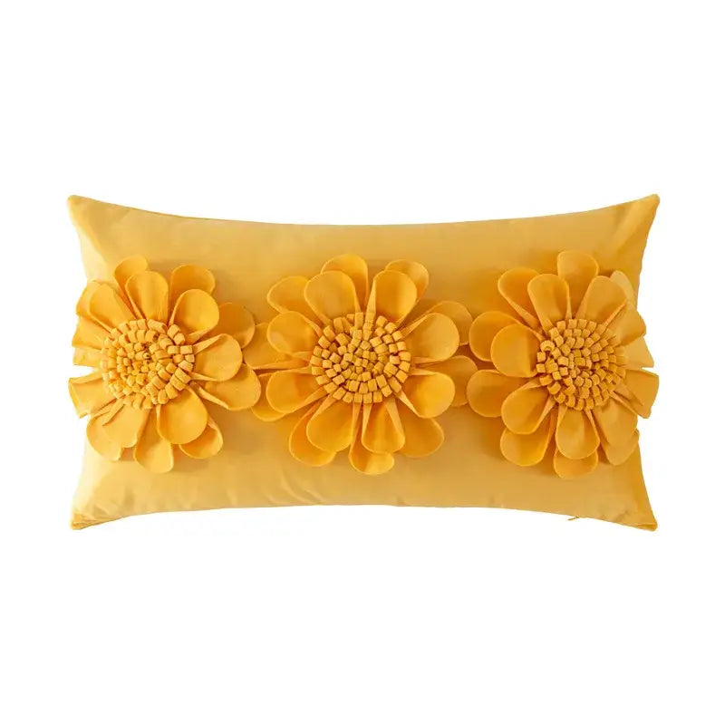 Yellow handmade flower cushion cover with three-dimensional floral appliqués for living room decor by decorbites handmade flower