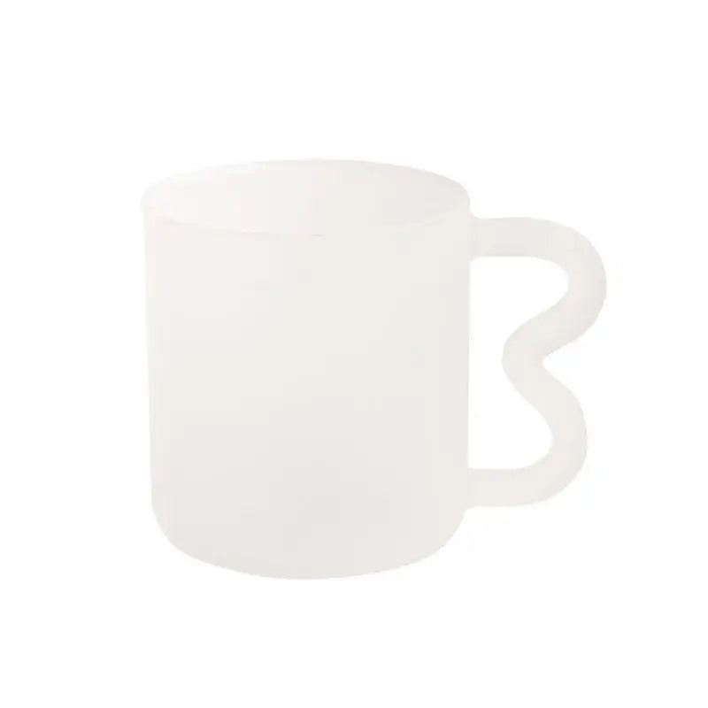 Handmade glass mug with a translucent white frosted body and wavy handle by decorbites for kitchen coffee use