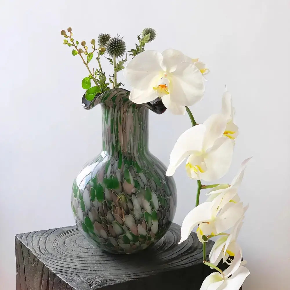 Handmade glass vase emerald and silver swirling decorbites handmade glass holds white orchids for living room decor