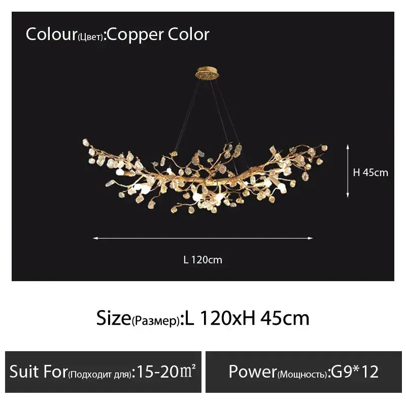 Handmade copper-colored glass crystal led branches chandelier with intricate design for dining room lighting