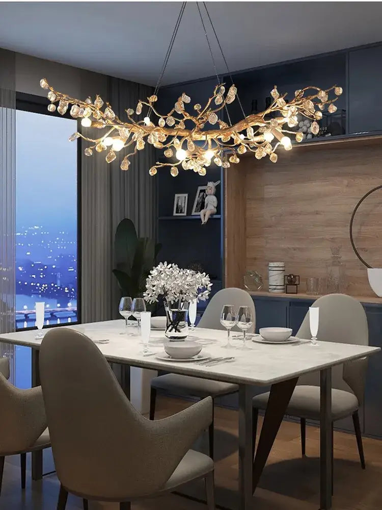 Handmade gold glass crystal led branches chandelier with dangling crystal droplets and warm glowing lights for dining room
