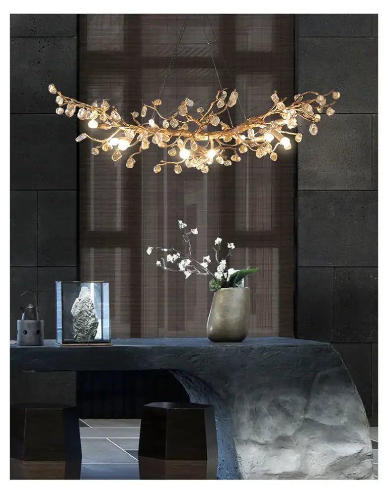 Handmade gold glass crystal led branches chandelier with clear crystal droplets and warm glowing lights for dining room