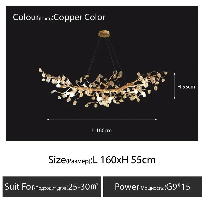 Handmade copper-colored glass crystal led branches chandelier with intricate design for dining room lighting