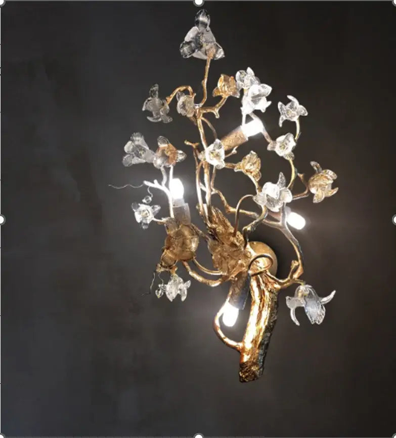 Handmade gold crystal led branches chandelier wall sconce with clear glass blossoms for elegant dining room lighting
