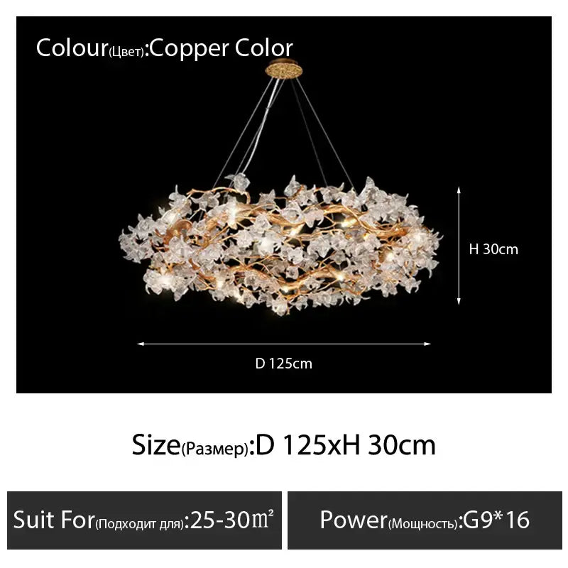 Copper-colored handmade gold glass crystal led branches chandelier with intricate crystal flower design for dining room light