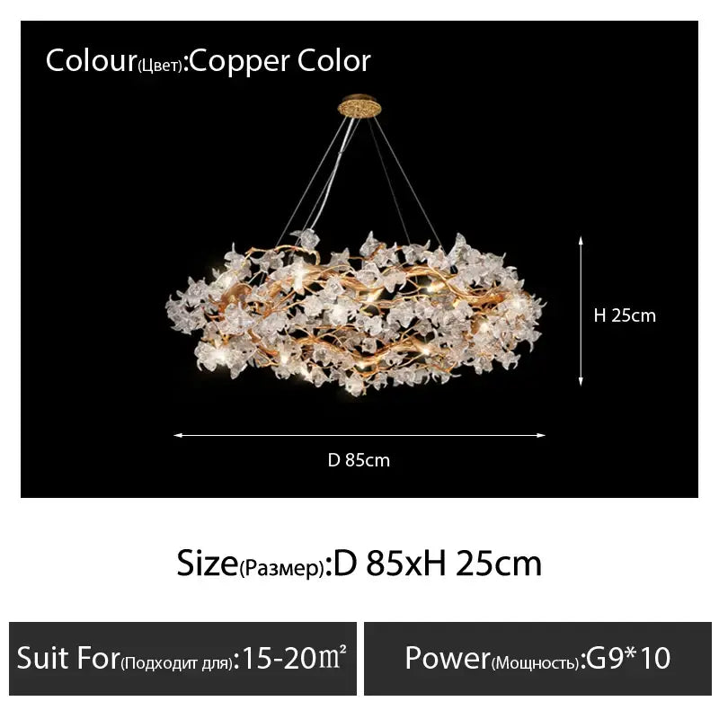 Handmade copper-colored glass crystal led branches chandelier with intricate flower designs for dining room light