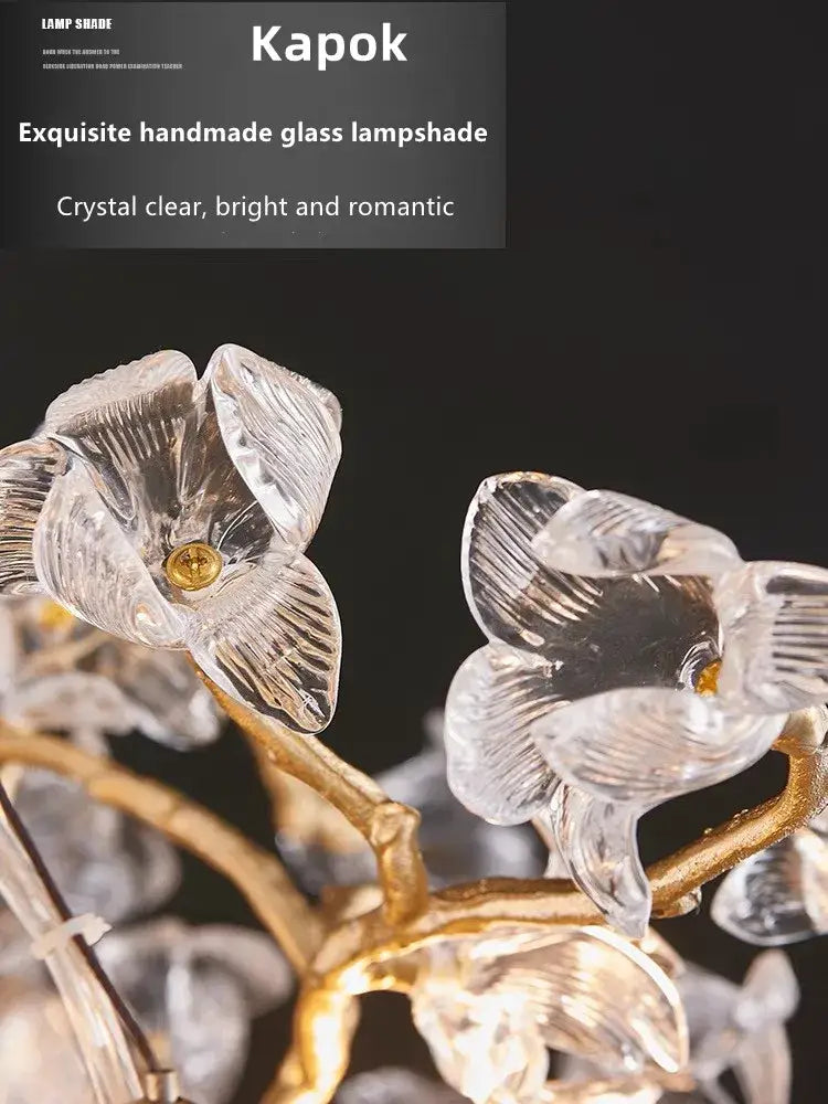 Handmade gold glass crystal led branches chandelier with crystal-clear glass lampshade and floral design for dining room light