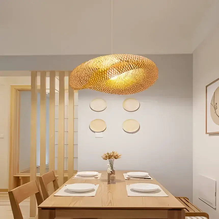 Handmade golden brown bamboo wave pendant light fixture ideal as pendant lights for dining room decor
