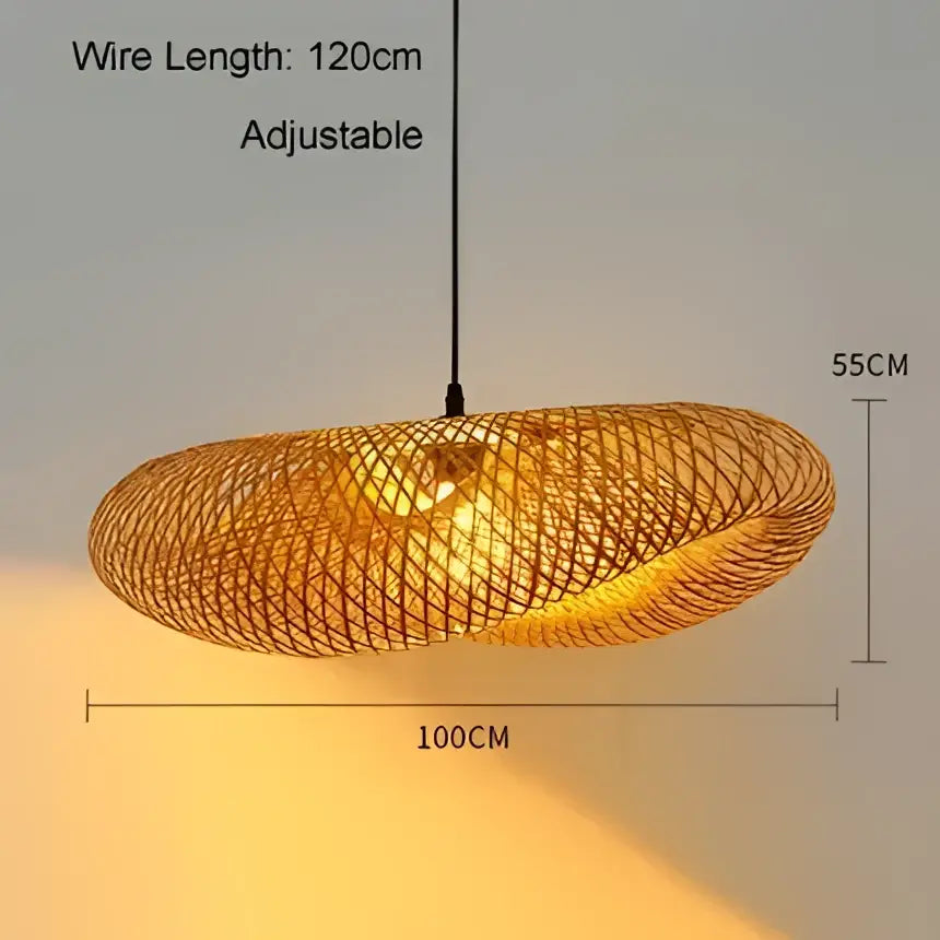 Handmade golden brown bamboo wave pendant light with 55cm diameter and adjustable 120cm wire emitting warm glow