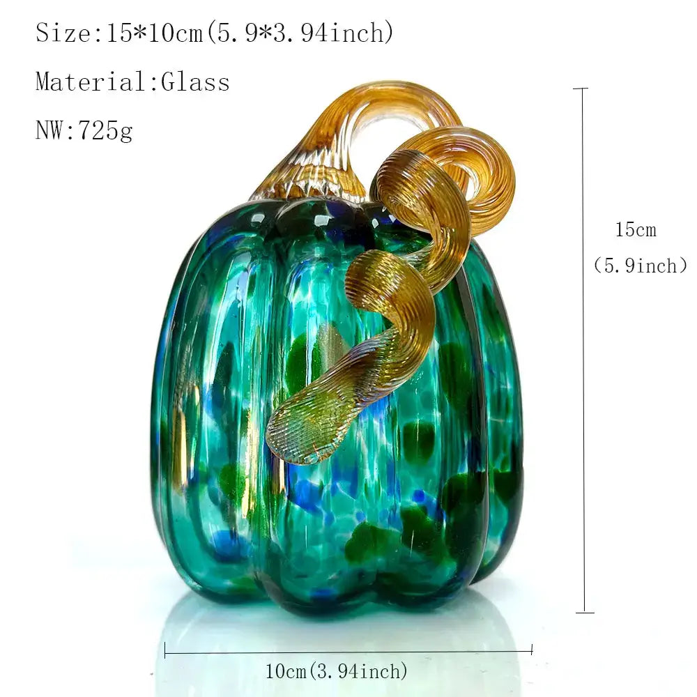 Handmade iridescent teal and green glass pumpkin figurines with golden yellow stems for living room decor