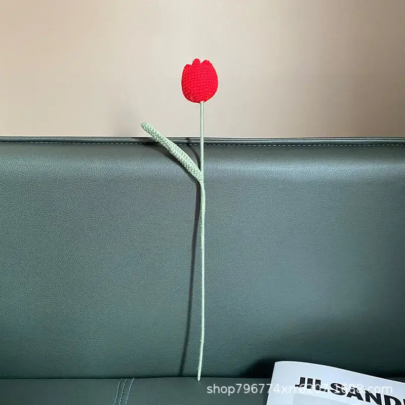 Handmade knitted crochet red tulip with light green yarn stem and leaf for bedroom decorbites handmade knitted decor