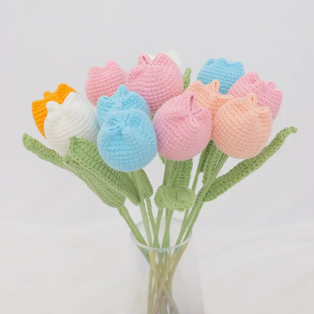 A decorbites handmade knitted bouquet of pastel multicolor handmade knitted crochet tulips with green stems for bedroom decor