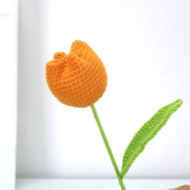 Handmade knitted crochet orange tulip with green stem and leaf for bedroom flower decor by decorbites handmade knitted