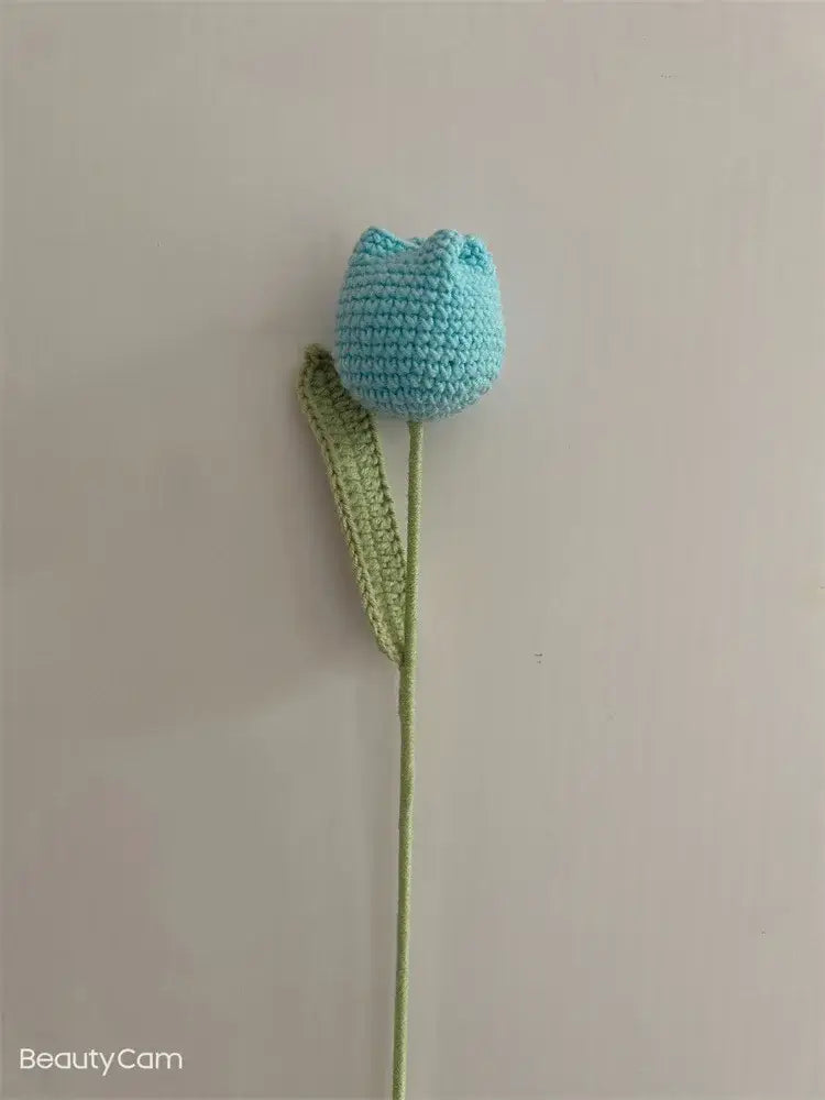 Handmade knitted crochet light blue tulip with green stem and leaf yarn flower decor for bedroom by decorbites handmade knitted