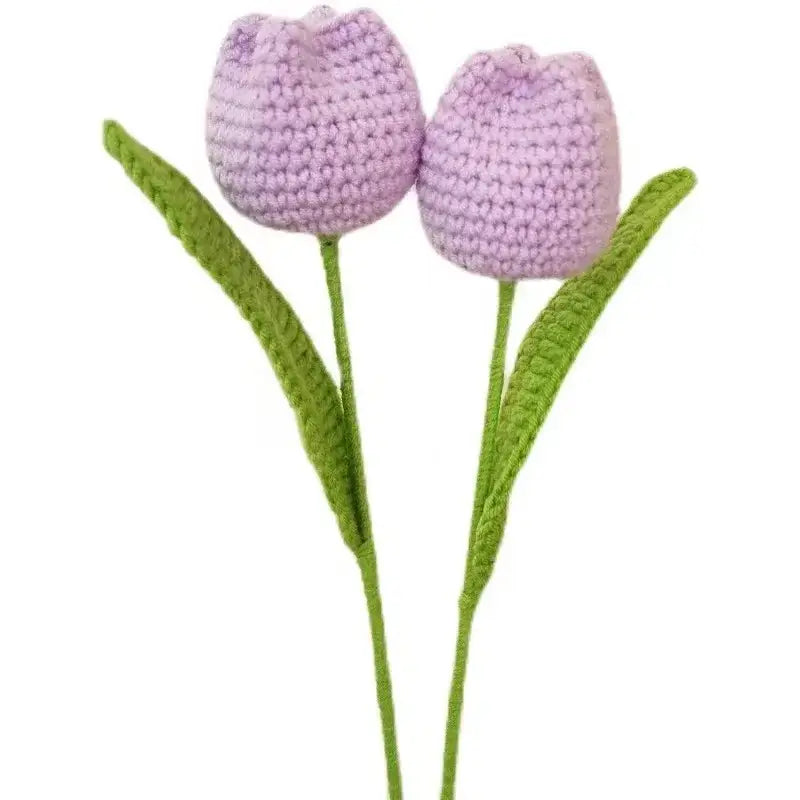 A pair of decorbites handmade knitted crochet lavender tulips with green stems for bedroom flower decor