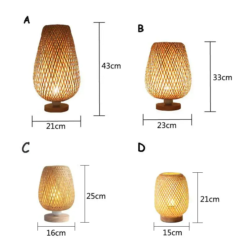 Handmade lattice woven bamboo table lamps with warm glowing interiors and wooden bases as stylish bedroom wood light