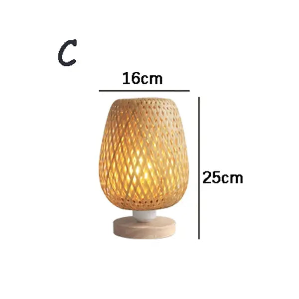 Handmade warm-toned bamboo table lamp with a woven lattice design and wooden base ideal for bedroom use