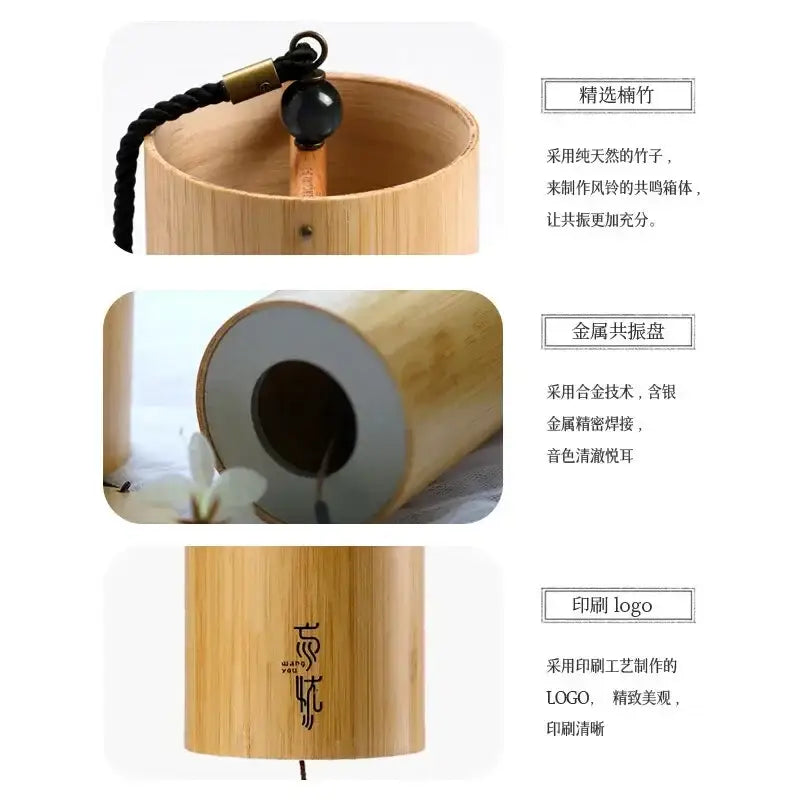 Handmade natural tan bamboo chord wind chimes with black braided cord and brass hardware for clear sound garden decor