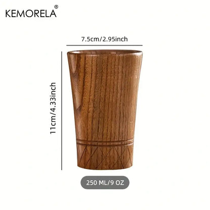 A sleek 11cm tall handmade natural wooden tea tumbler with rich brown finish and engraved geometric patterns