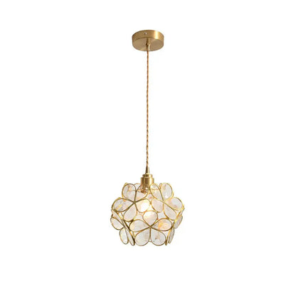 Handmade pink and teal glass petal pendant light with gold-toned spherical floral design for bedroom use